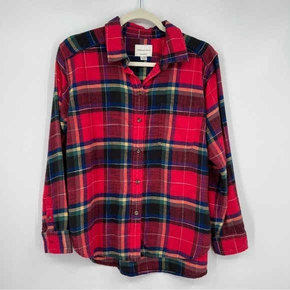 American Eagle Boyfriend Fit Striped Plaid Multi Collared Long Sleeves Shirt - Picture 2 of 8